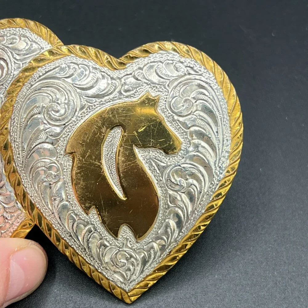 CRUMRINE Double Heart's Abstract Horse Head Western Belt Buckle w/ Black Belt 28